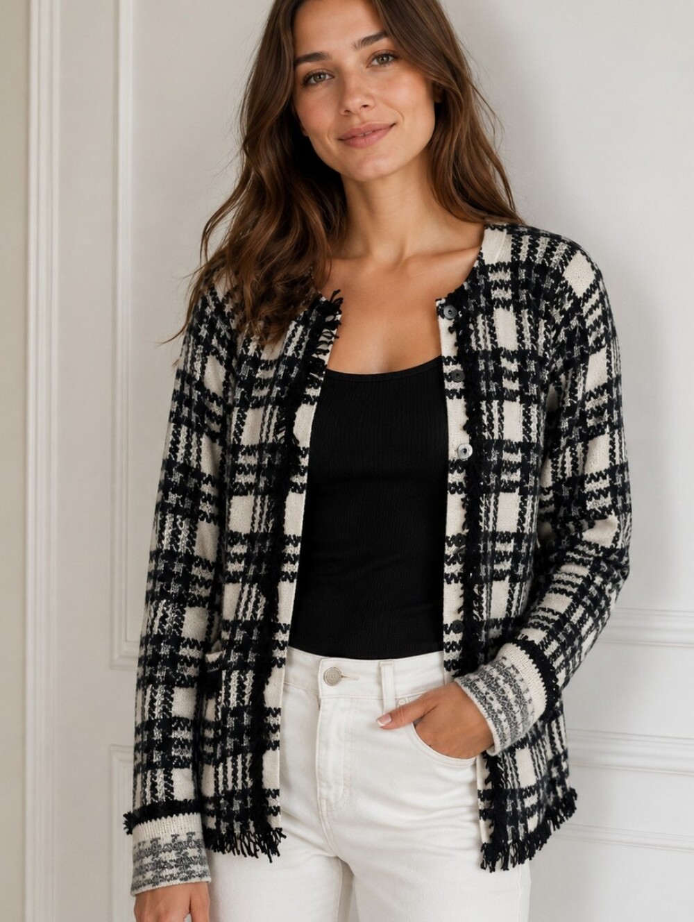 Black and White Plaid Women's Cardigan Sweater